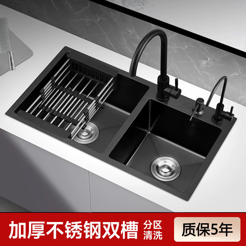 厨房水槽双槽加厚不锈钢手工水槽双槽纳米厨房家用洗菜盆洗碗盆高清大图