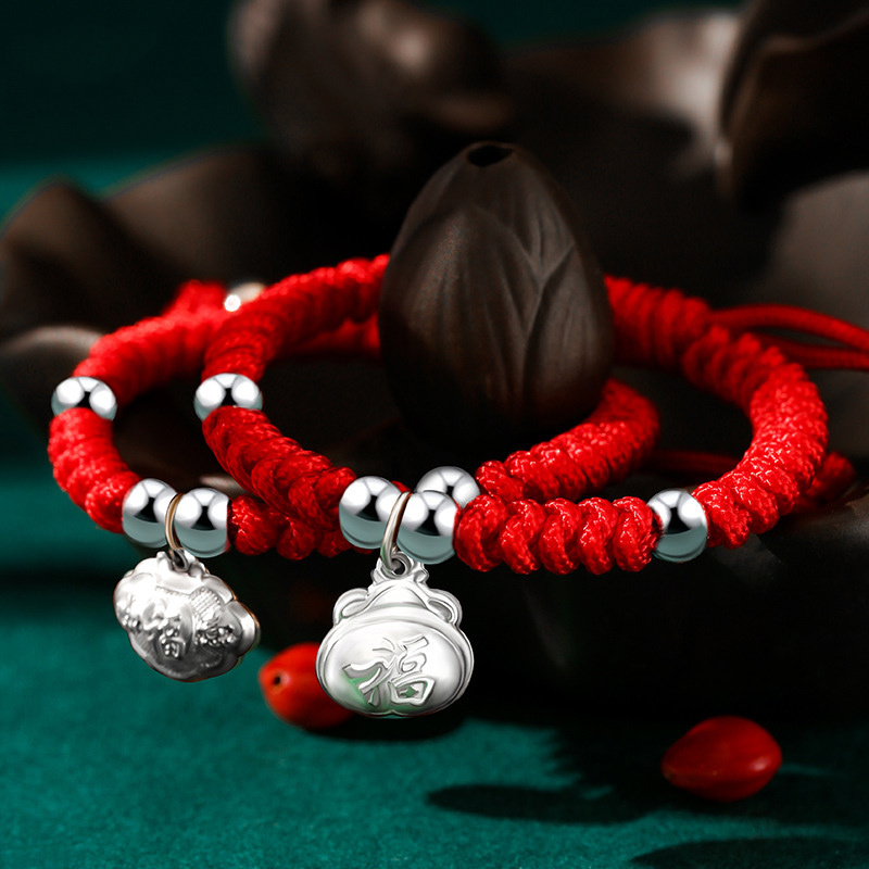 鑫铂尼男女宝宝本命年红绳925银铃铛长命锁福袋儿童手链05岁纯手工