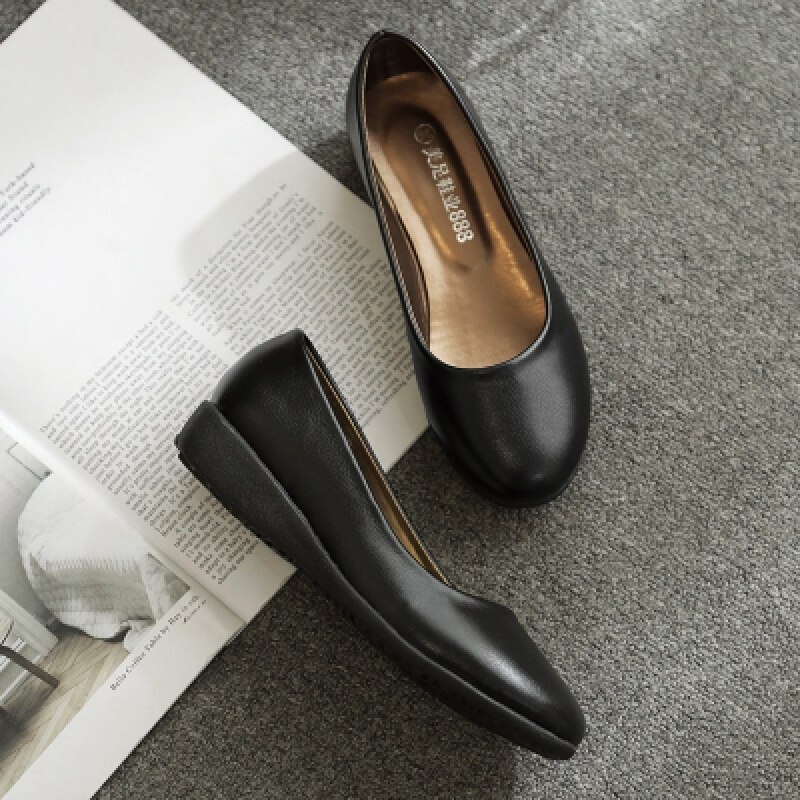 述雅黑色平底工作鞋职业鞋女皮鞋大码妈妈鞋单鞋软皮上班鞋必胜客通勤