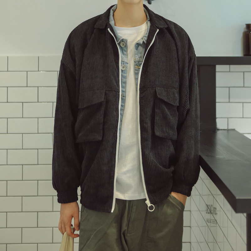 18春装韩版宽松做旧灯芯绒齿轮拉链立领飞行夹克口袋机车服短外套