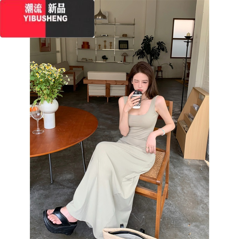 YIBUSHENG蓝色吊带裙背心裙女季紧身收腰连衣裙气质包臀裙长裙子