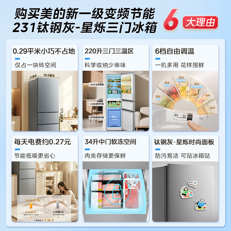 美的冰箱220L三门冰箱灰色租房家用客厅宿舍小型冰箱三开门三温低耗省电低音运行MR-231T高清大图