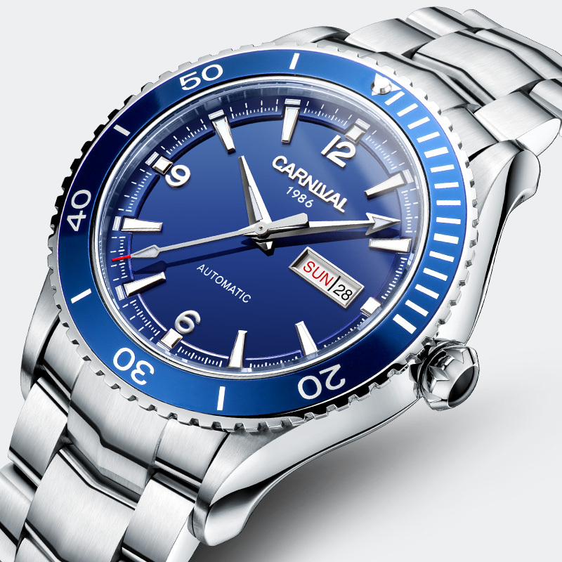 瑞士嘉年华CARNIVAL手表男士进口Miyota机芯全自动机械表 男表厚重型时尚休闲夜光防水金属精钢手表8750高清大图