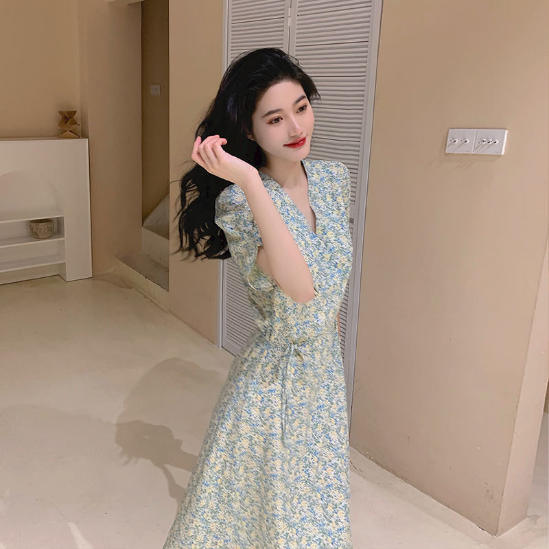 美动态大码女装小清新碎花连衣裙2022夏季新款胖MM系带收腰显瘦裙