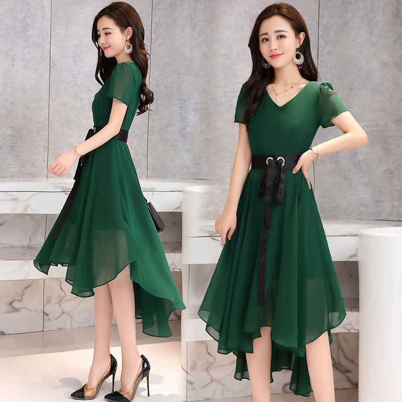 女士夏款新品韩版女装碎花雪纺中长款连衣裙前短后长裙子潮夏天