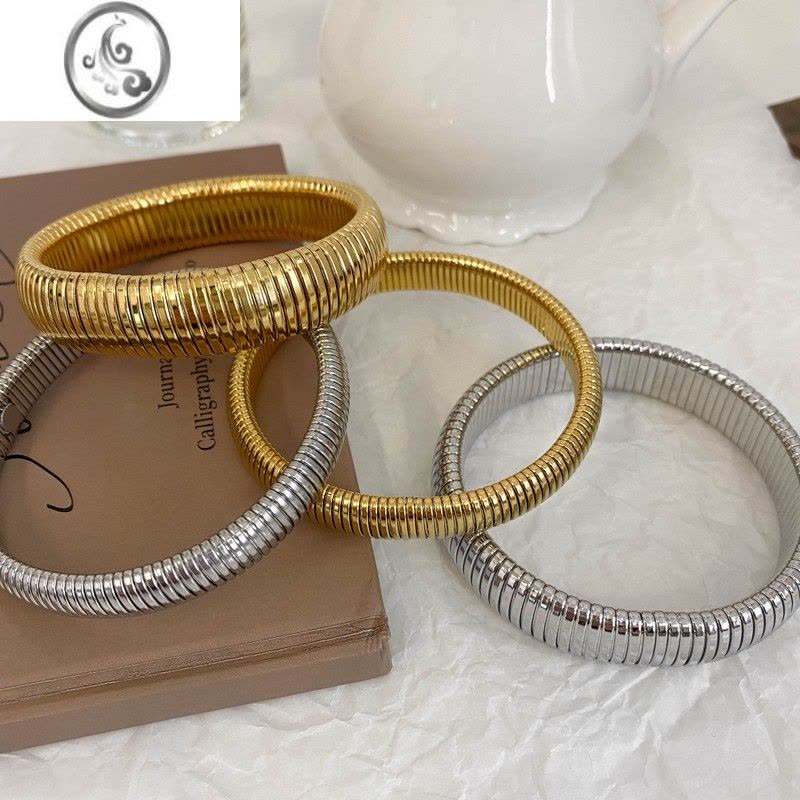 JiMi金色弹力钛钢蛇骨宽手镯女欧美小众夸张银色金属叠戴手环手圈镯子图片