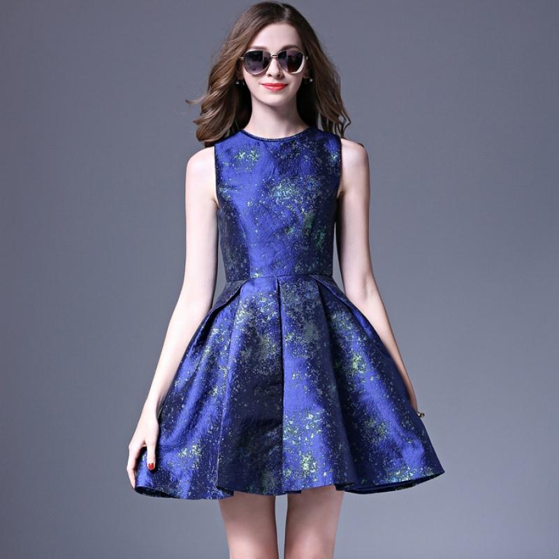 提花无袖背心裙打底背带裙子a字裙小礼服连衣裙名媛小香风亮蓝色