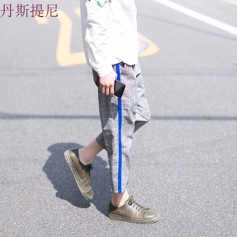 |假正经的蓝色织带格子休闲裤花灰色
