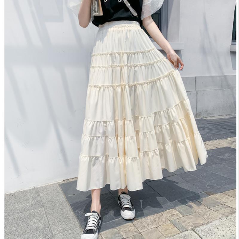 高个子白色半身裙女学生中长款高腰a字裙黑色蛋糕裙百褶仙女长裙米白