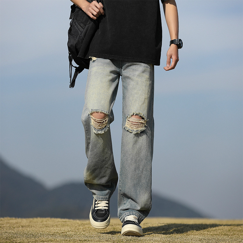 宽松牛仔裤男青年潮牌大学生休闲裤子男磨白牛仔裤男生割破乞丐裤高清大图