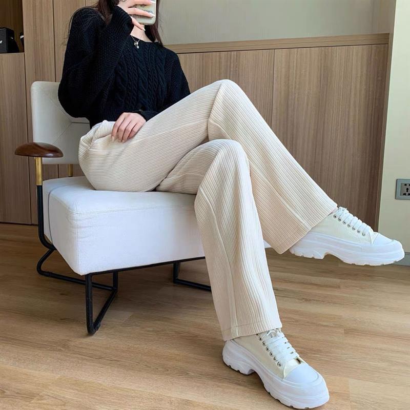 米白加长阔腿裤女高腰雪尼尔垂感灯芯绒直筒高个子拖地裤