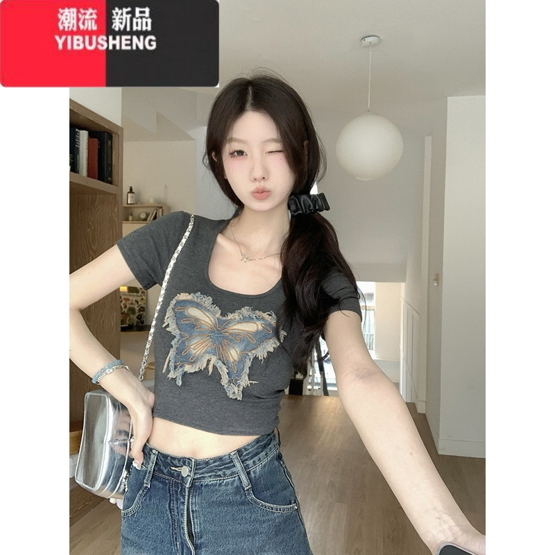 YIBUSHENG贴布蝴蝶U领短袖T恤女季2024新款修身显瘦短款露肚脐辣妹上衣潮