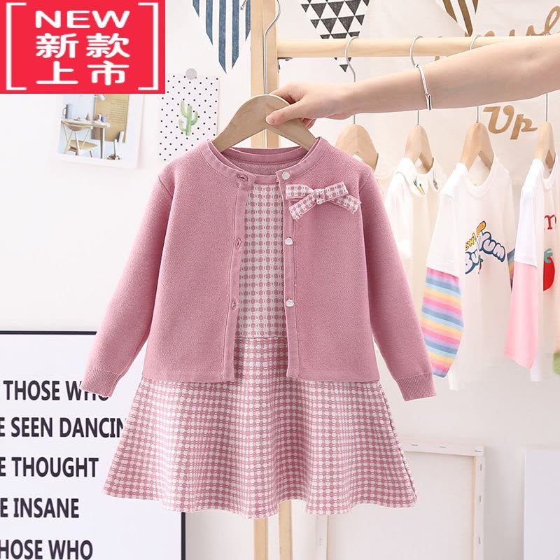 可莉允女童春秋装针织马甲连衣裙套装小童两件套上衣女宝背心毛衣裙时尚图片