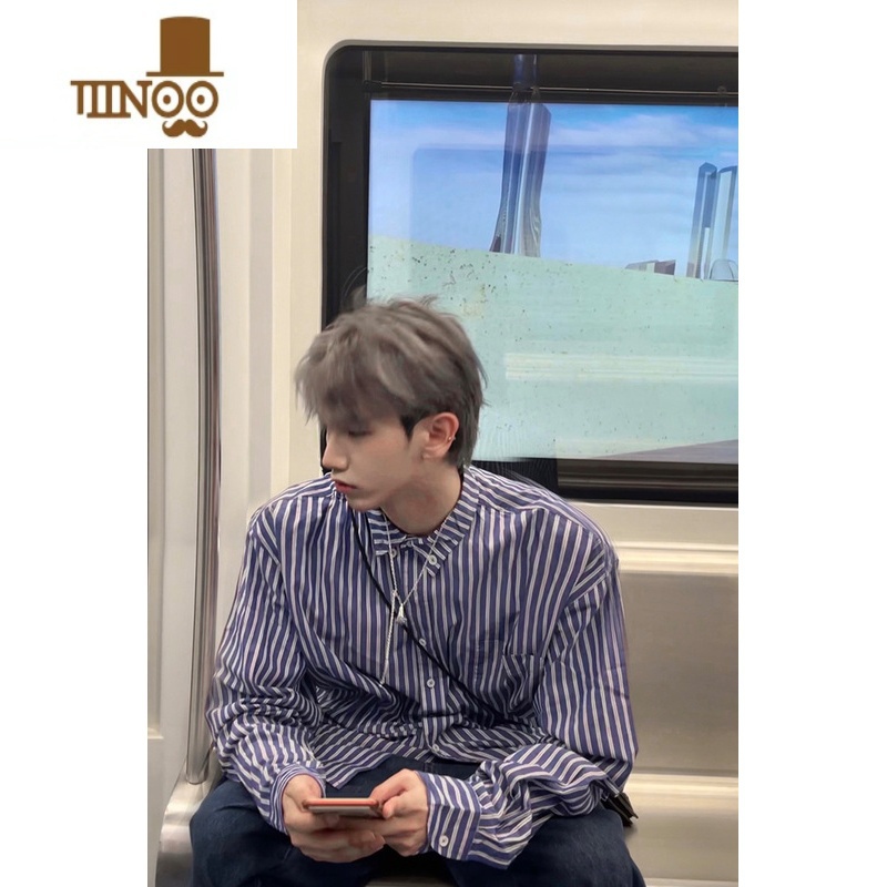 YANXU竖条纹衬衫男长袖美式复古内搭衬衣日系cityboy男友风外o高清大图