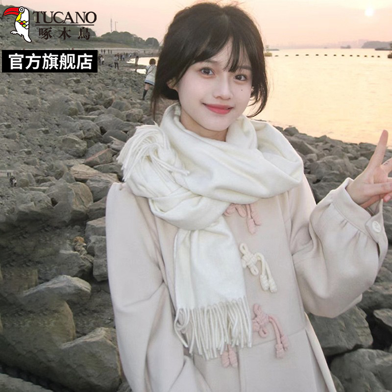 啄木鸟2025新款氛围感纯色白色围巾女冬韩版时尚百搭保暖围脖学色高清大图