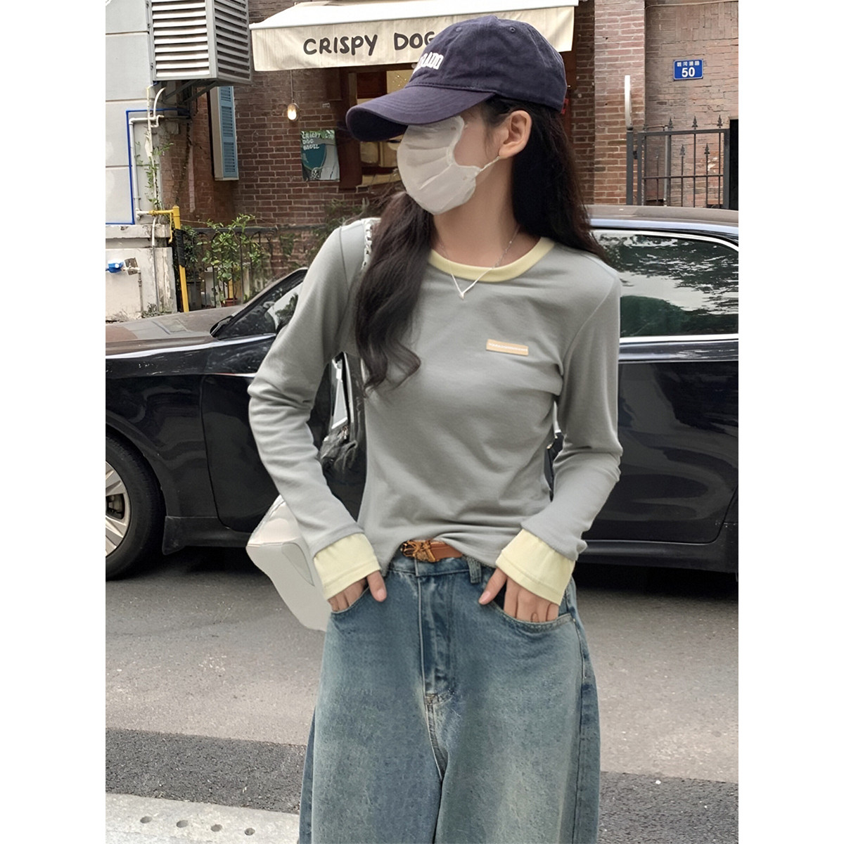 【1.5折价36元】唐狮春女圆领撞色领口长袖T恤气质韩系百搭上衣简约时髦 麻灰 S
