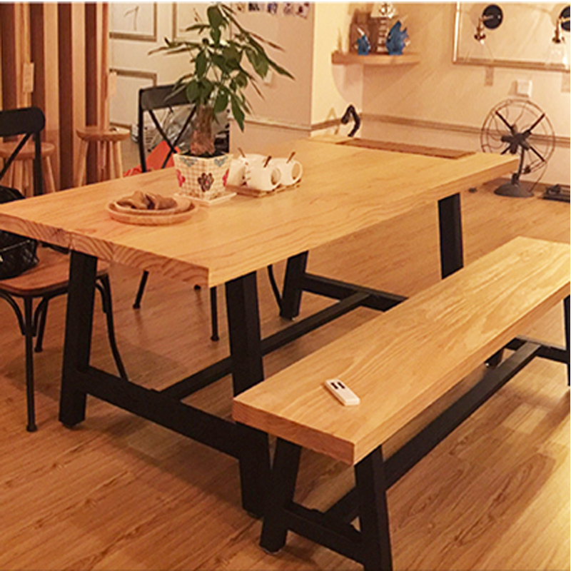 尋木匠实木餐桌铁艺户外桌椅loft长方形复古办公桌美式长凳餐桌椅组合