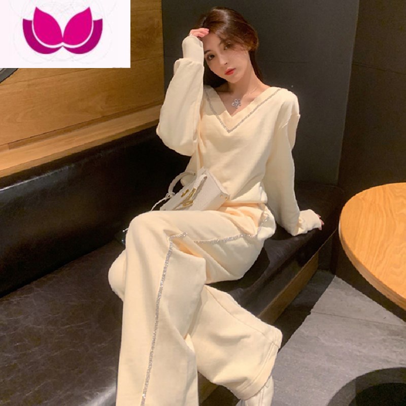 七斓御姐气质卫衣套装女冬新款洋气减龄休闲运动阔腿裤炸街套 L 米白色
