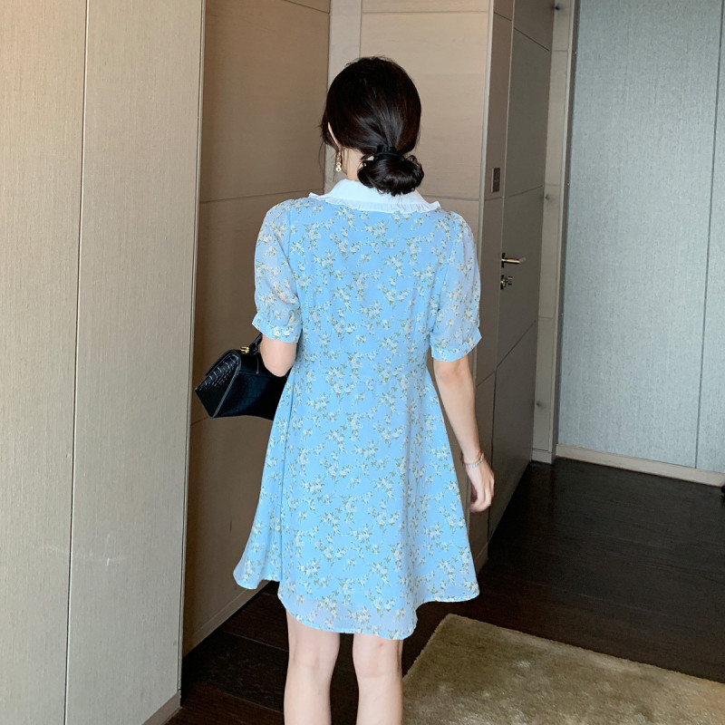 [2.5折价83元]唐狮裙子女夏碎花连衣裙法式翻领甜美泡泡袖小清新短裙潮法式