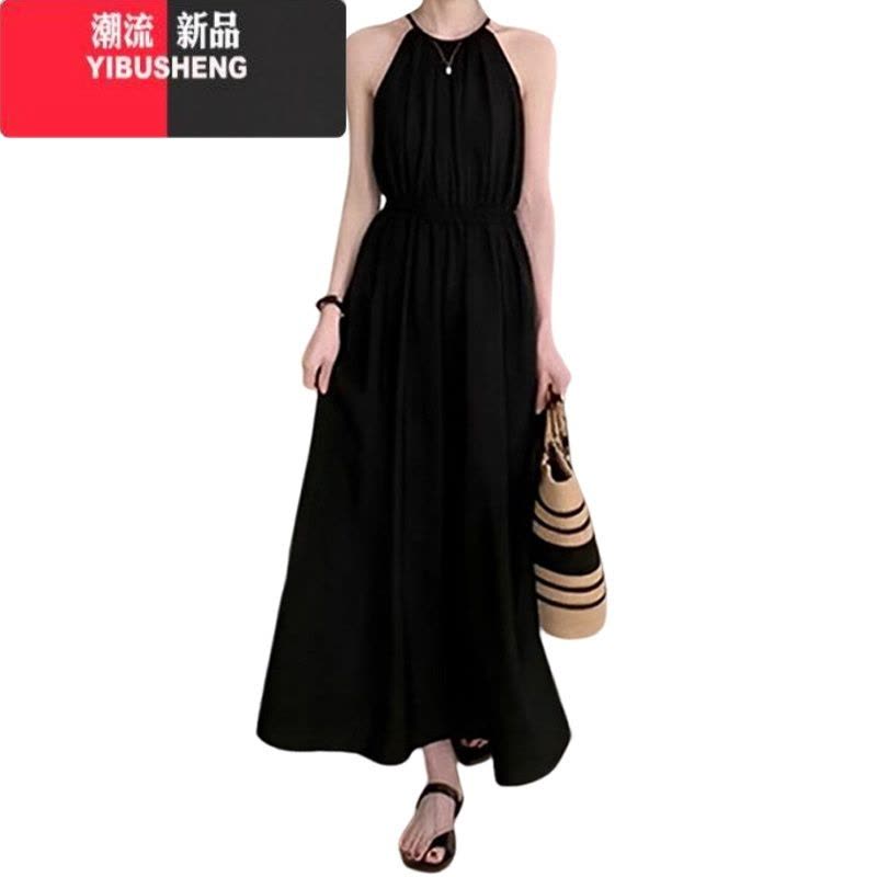 YIBUSHENG黑色挂脖露腰度假风连衣裙女季2024新款设计感收腰显瘦无袖长裙图片