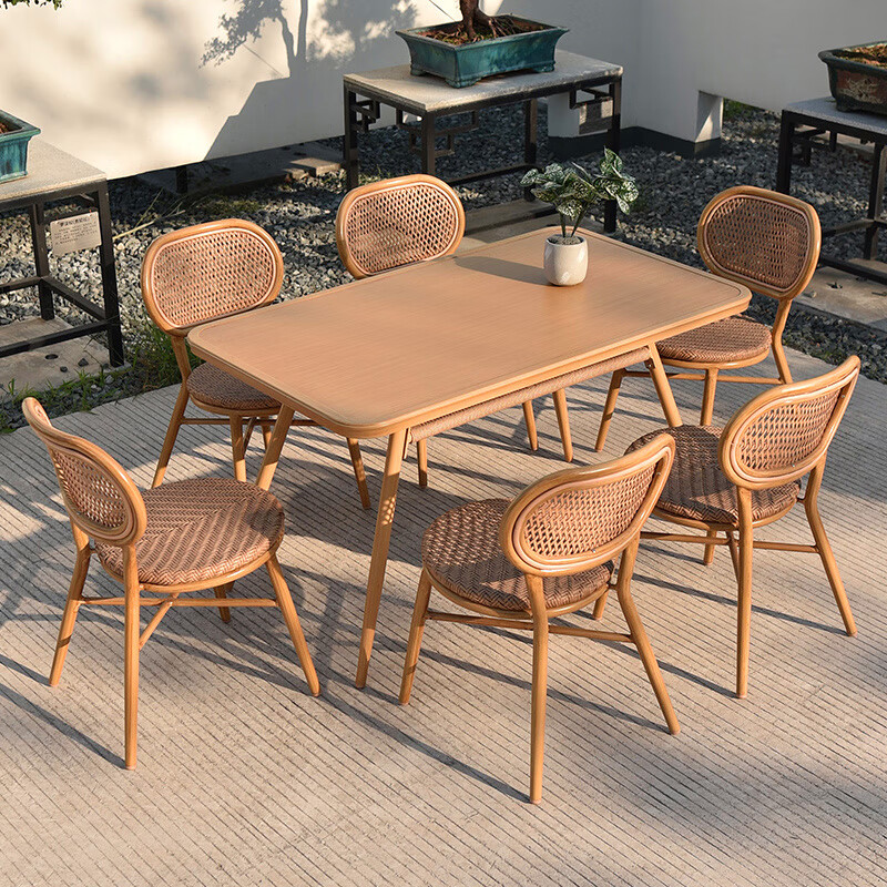 紫叶户外桌椅组合花园露天阳台室外藤编椅休闲庭院桌椅藤椅三件套 6【原木色无扶手椅】+【长桌135x80】