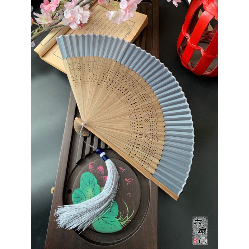 复古风纯色日式扇子和风折扇7寸空白竹扇礼品扇汉服便携男女 三维工匠 嫩绿色配大流苏绿