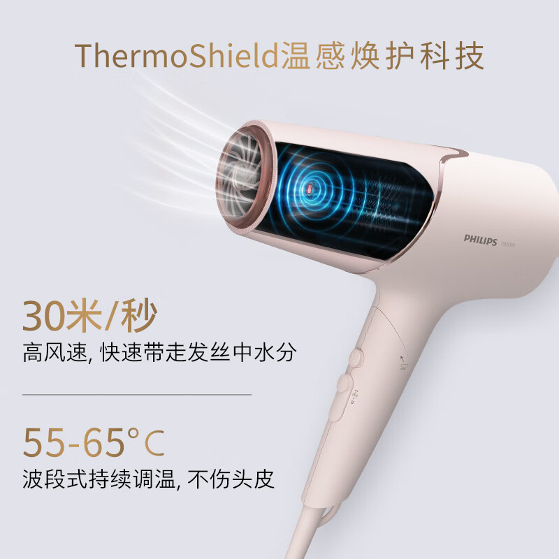 飞利浦(PHILIPS) 电吹风机 温感焕护4千万负离子 矿物质锌离子 大功率大风速干蓬蓬筒 粉色BHD538/05高清大图