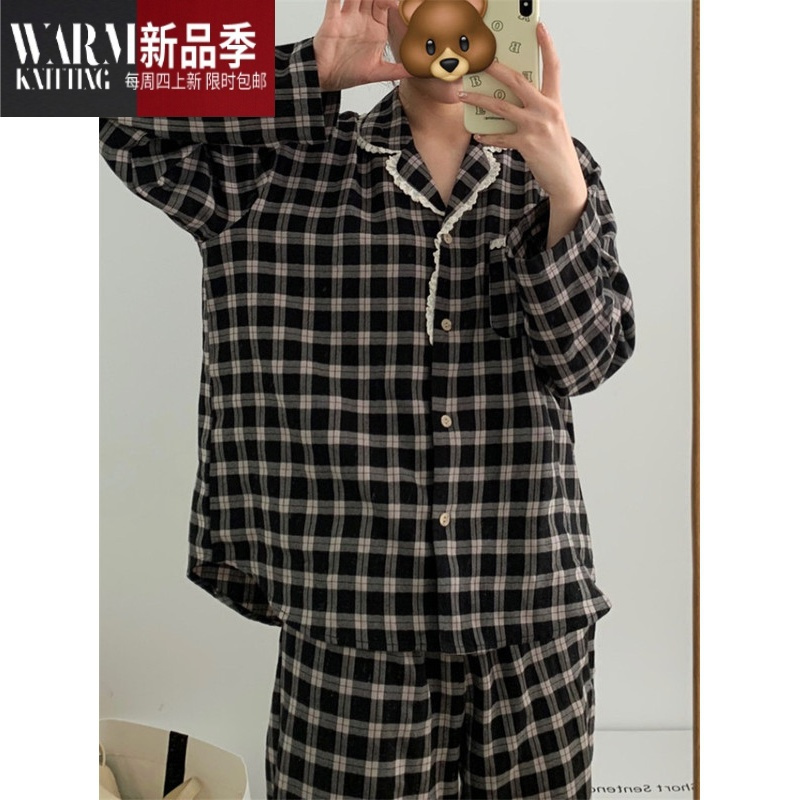 SHANCHAO林允儿同款睡衣女款棉麻舒适慵懒格子高级感家居服套装可外穿