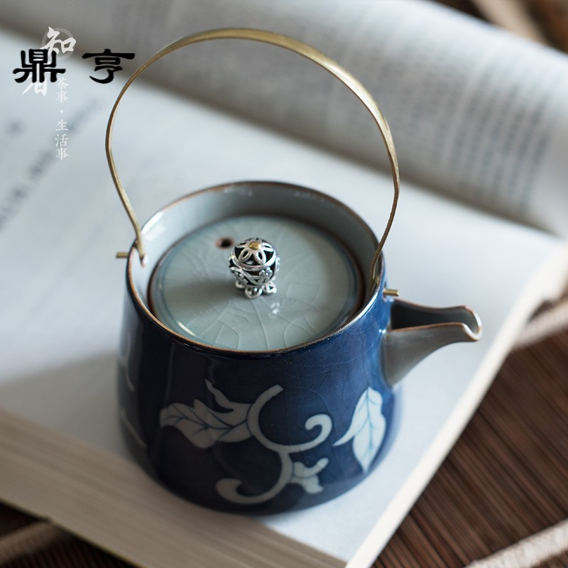 鼎亨茜蓝小提梁壶 手工绘画青花霁蓝哥窑开片陶瓷茶壶功夫茶具手