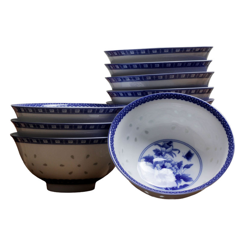 LICHEN 景德镇青花玲珑陶瓷碗 釉中彩陶瓷器饭碗 牡丹花 5英寸饭碗10个装 微波炉适用