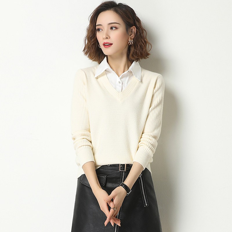 班俏banqiao女士假两件毛衣秋季女装2023年新款洋气时尚打底衫上衣