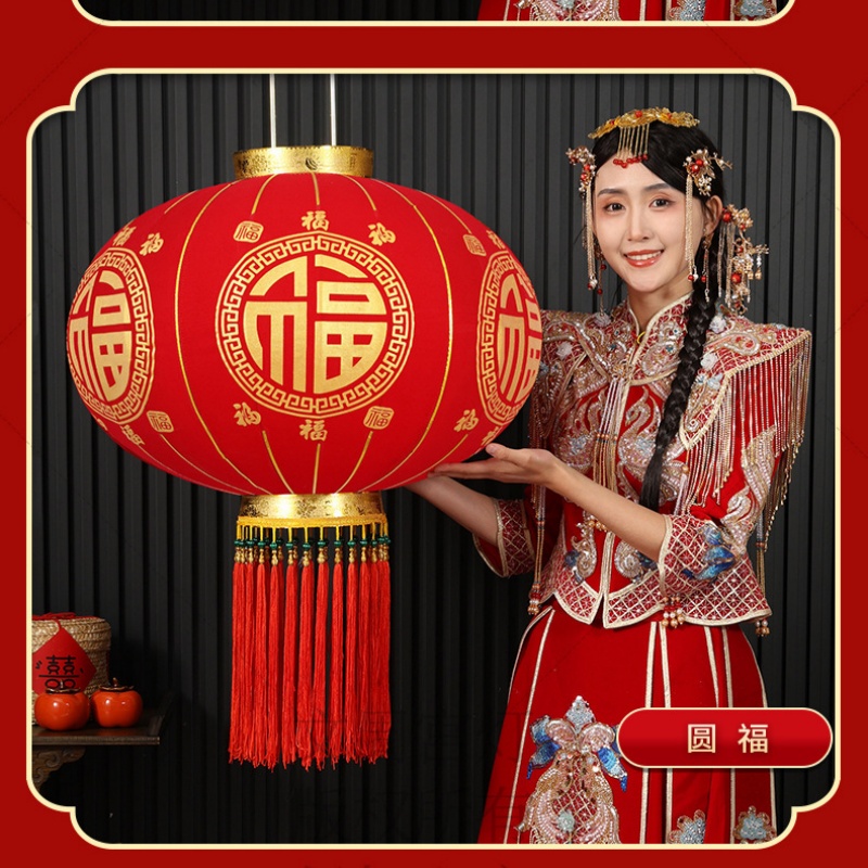 新年新款福字植绒灯笼装饰大红灯笼一对 120#经典国福流苏款(直径75厘米)LED红光灯+2米灯线高清大图