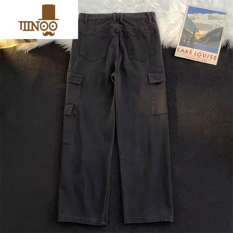 YANXUins潮牌美式多口袋工装牛仔裤男女街头复古直筒裤日系水仔牌袋男高清大图