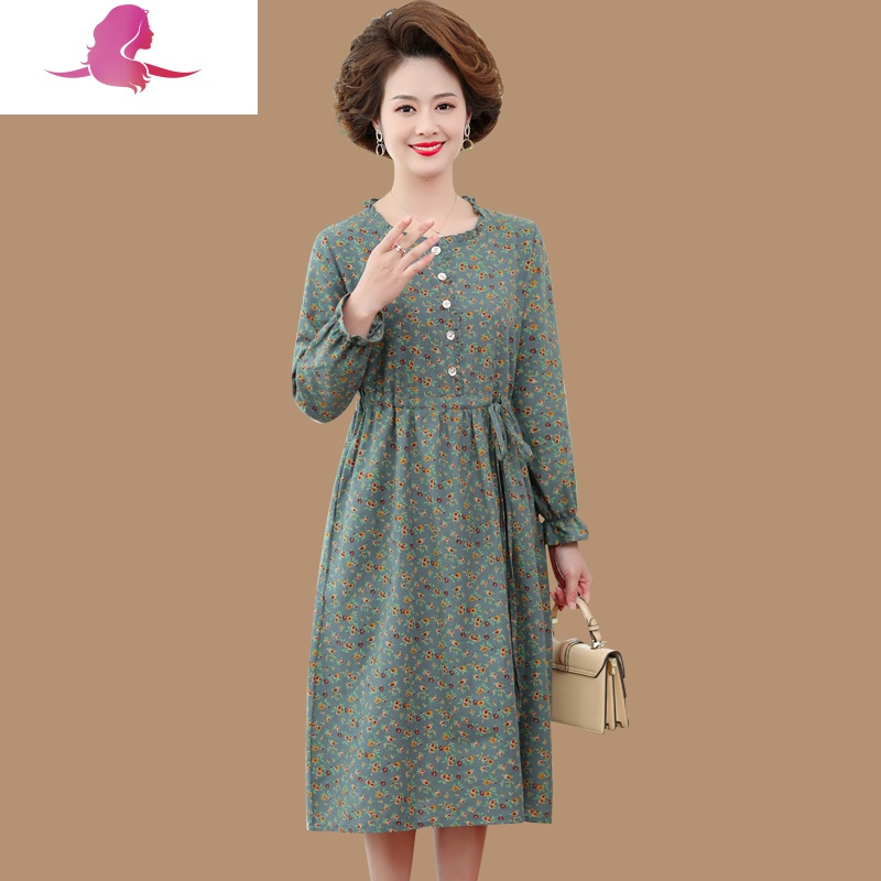 碎花中长款连衣裙中年妇女棉麻收腰时尚中老年人春秋长袖裙子连衣裙