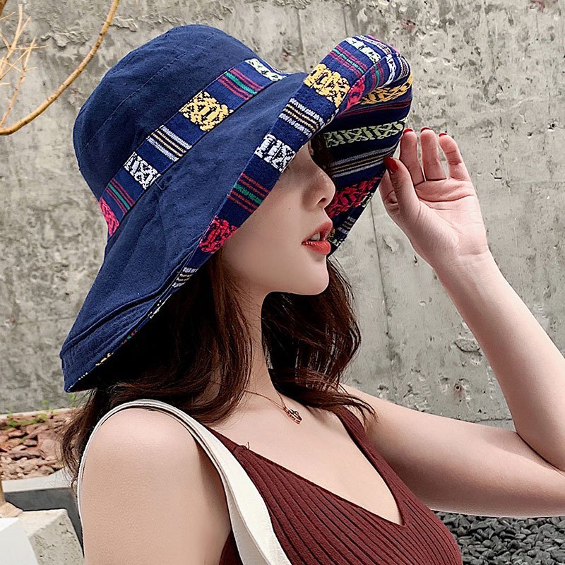 盛世尼曼民族风渔夫帽可折叠双面女士大沿遮阳帽时尚旅游度假防晒太阳