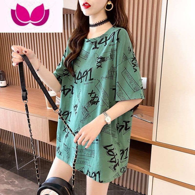 七斓2022夏季新款韩版字母印花短袖t恤女大码女装宽松显瘦中长款上衣图片