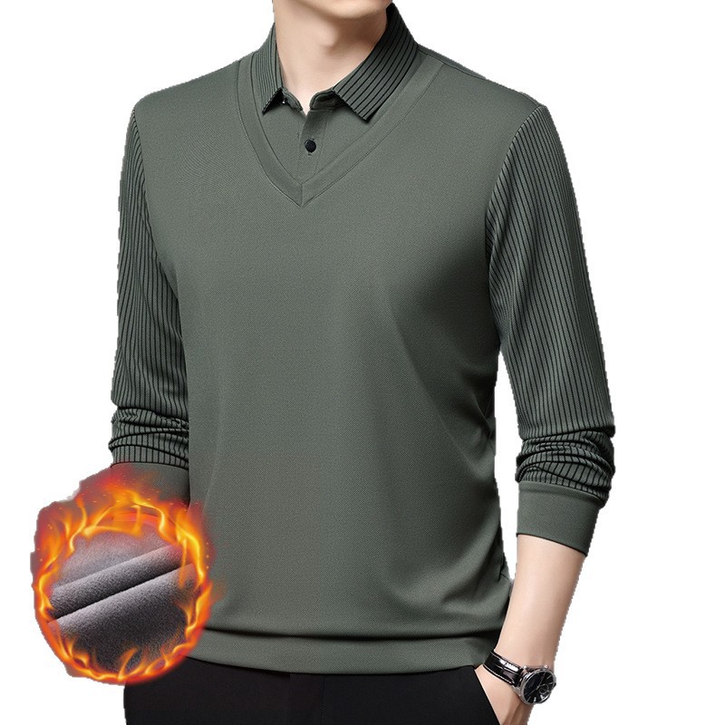 啄木鸟假两件长袖t恤男士秋冬新款加绒衬衫领上衣休闲打底衫男款高清大图