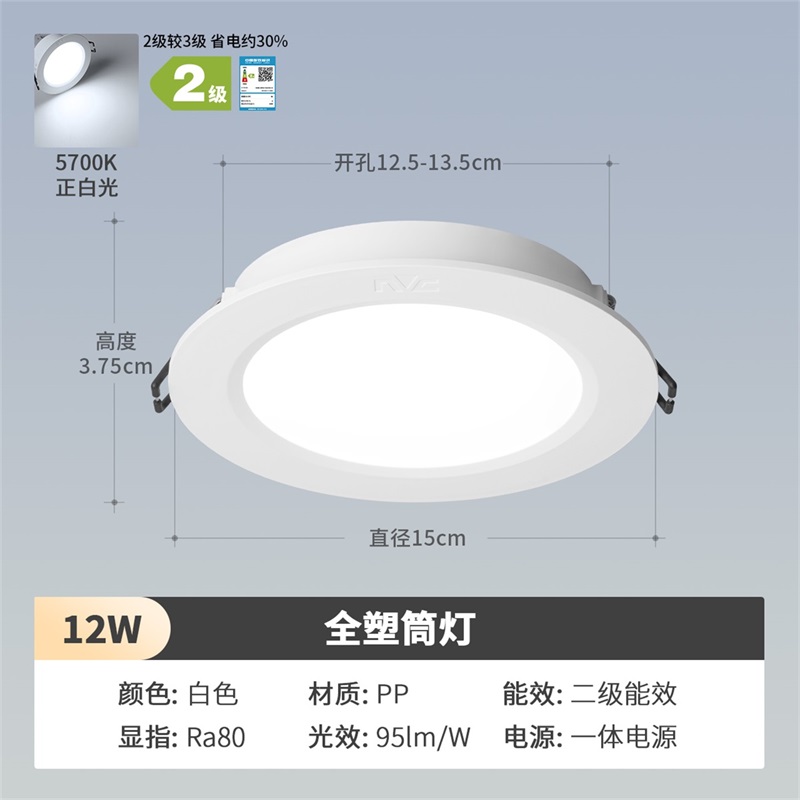 雷士照明led超薄筒灯走廊天花灯射灯嵌入式玄关灯家用过道无主灯 高光效款【开孔12.5-13.5CM】12W丨白光丨二级能效