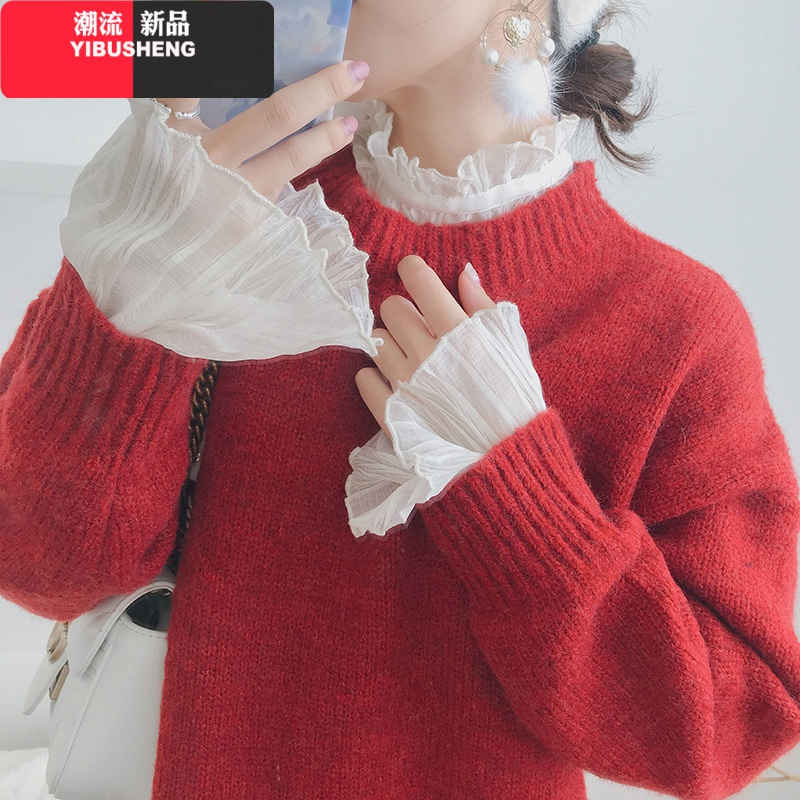 YIBUSHENG甜美雪纺蕾丝网纱打底衫女洋气薄款小衫长袖内搭宽松气质上衣春秋蕾丝衫