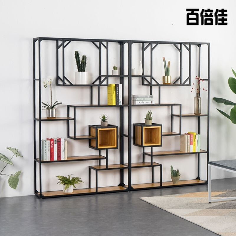新款创意铁艺展示架实木隔断置物架书架工业风玄关格子架loft办公室屏风铁艺隔板架子壹德壹