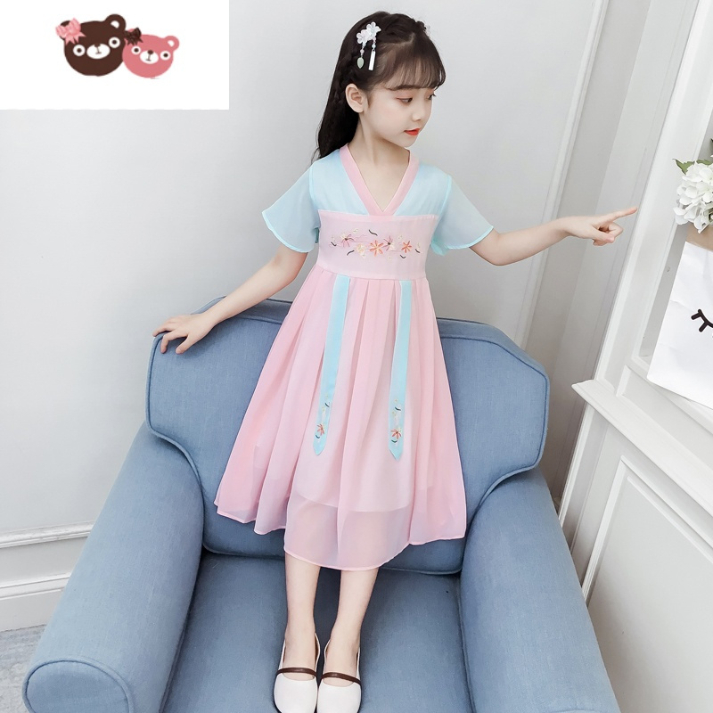 绿彩虹光女童汉服连衣裙夏装2022新款儿童中国风古装夏季短袖洋气公主裙子