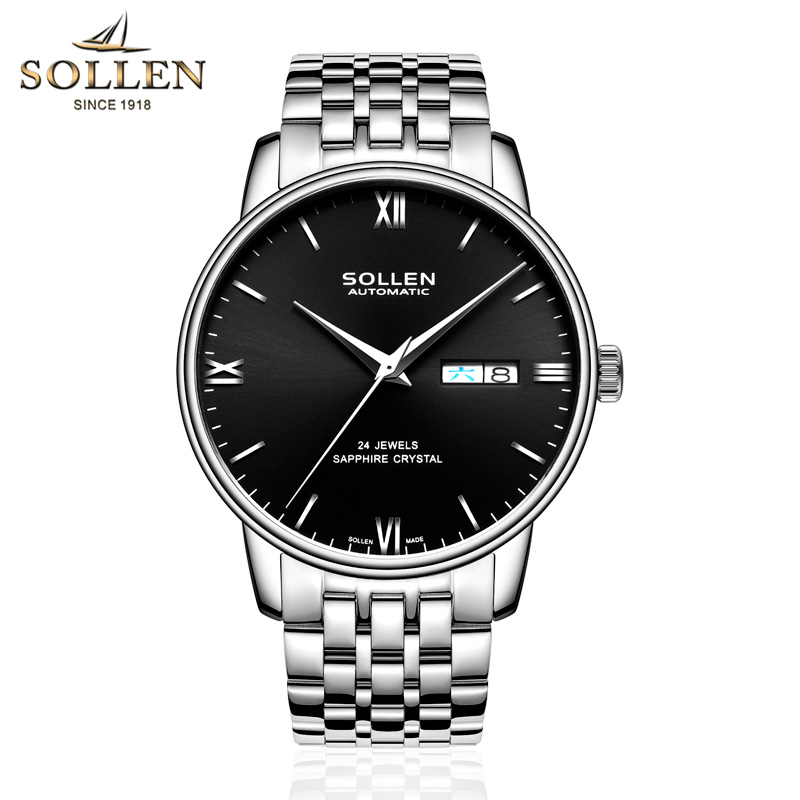 梭伦(SOLLEN)手表男士新款正品自动机械表太阳纹防水超薄时尚休闲商务品质精钢双日历男表SL-9020 钢带黑面