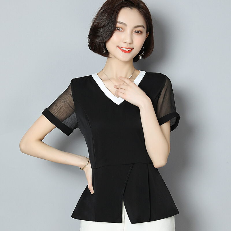 雪纺短袖女夏新款时尚百搭t恤宽松遮肚子上衣气质收腰洋气v领小衫