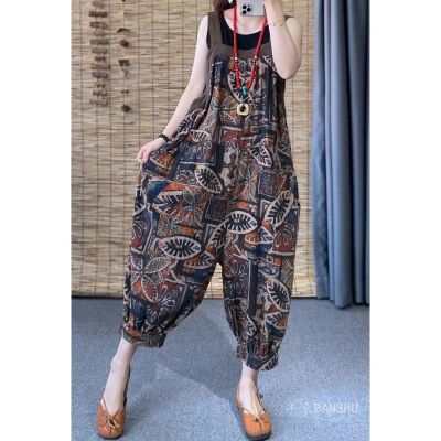 民族复古印花棉麻妈妈背带裤女春夏宽松减龄九分裤洋气连体灯笼裤 花色 L/建议120-140