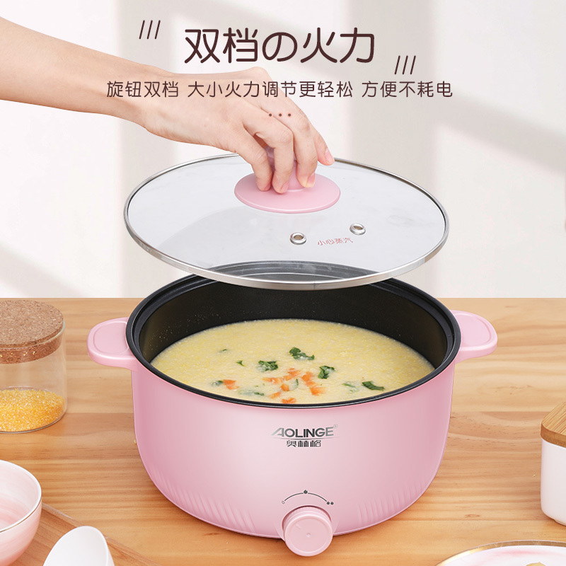 奥林格ZG-A3宿舍锅学生多功能电煮锅家用小功率寝室炒菜煎神器一体火锅2L 玫红粉（带蒸笼）