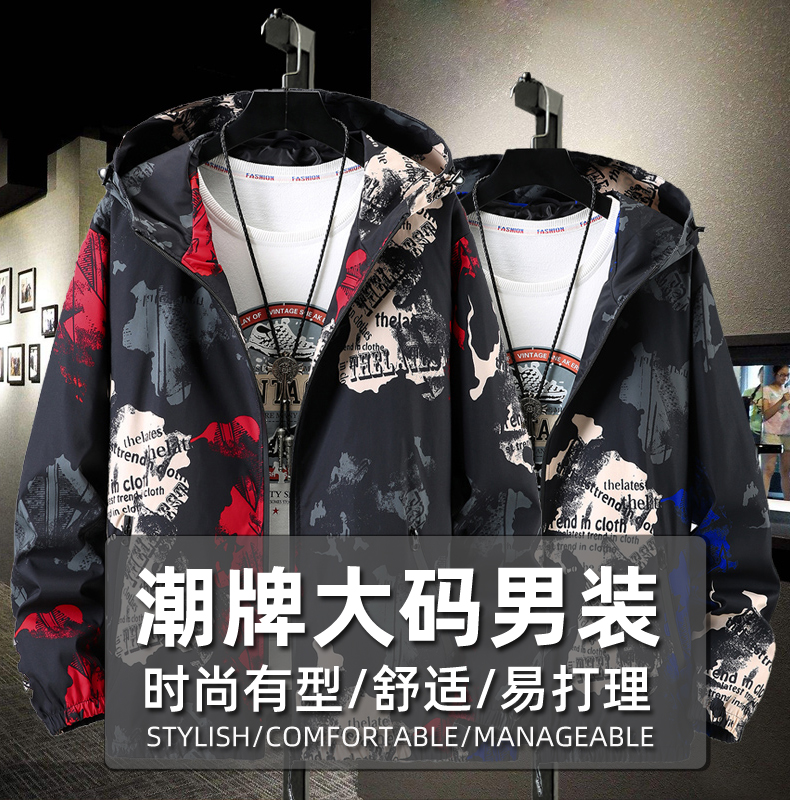 SUNTEK大码夹克男士春秋新款加肥加大潮牌胖子风衣外套男装休闲春季上衣风衣高清大图