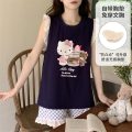 春夏季女士仿棉睡衣背心短裤卡通可爱花边宽松带胸垫可外穿家居服 女XL Q91783【带胸垫】