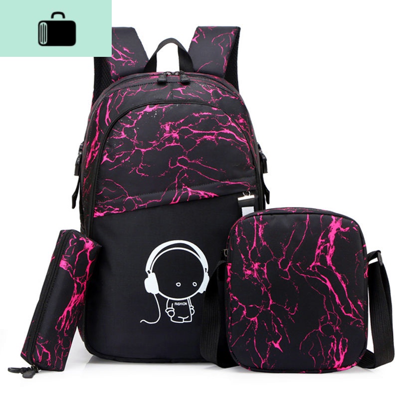 双肩包男女背包高中小学生书包男女初中生大容量潮流韩版夜光书包NEW LAKE 三件套新红