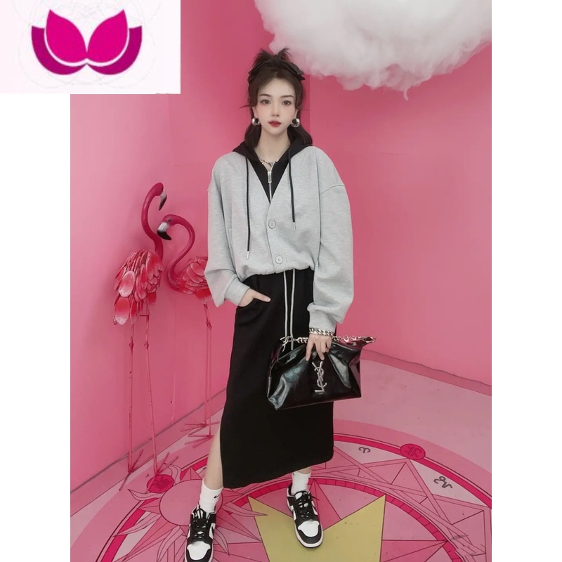 七斓欧货2023春季新款时尚连帽假上衣+气质收腰开叉半身裙套装女 L112-125斤 灰色两件套