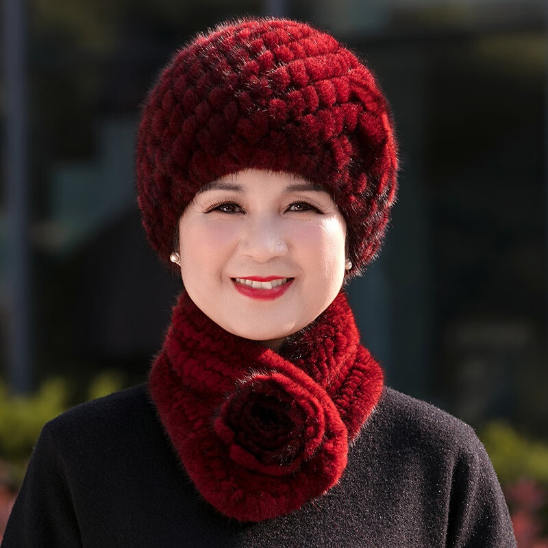 贝雷帽女秋冬新款水貂毛包头帽中老年保暖皮草奶奶帽百搭貂帽